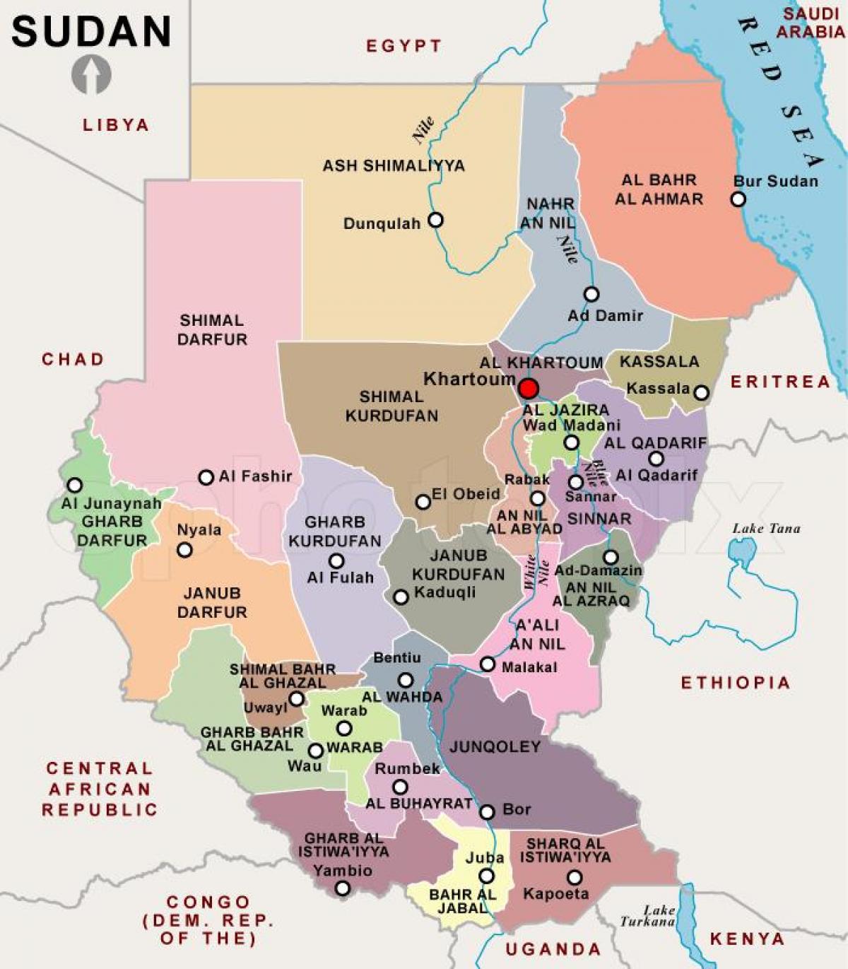 नक्शा सूडान के क्षेत्रों